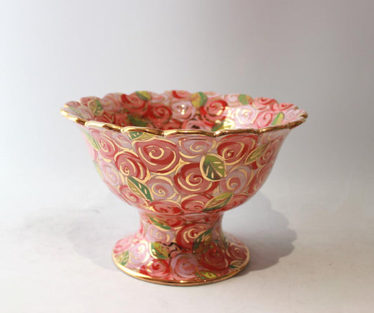 Fluted Punch Bowl in Pink Rosebush