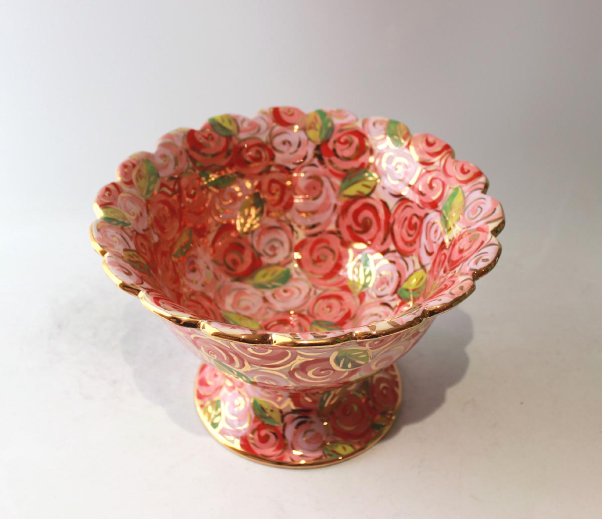 Fluted Punch Bowl in Pink Rosebush