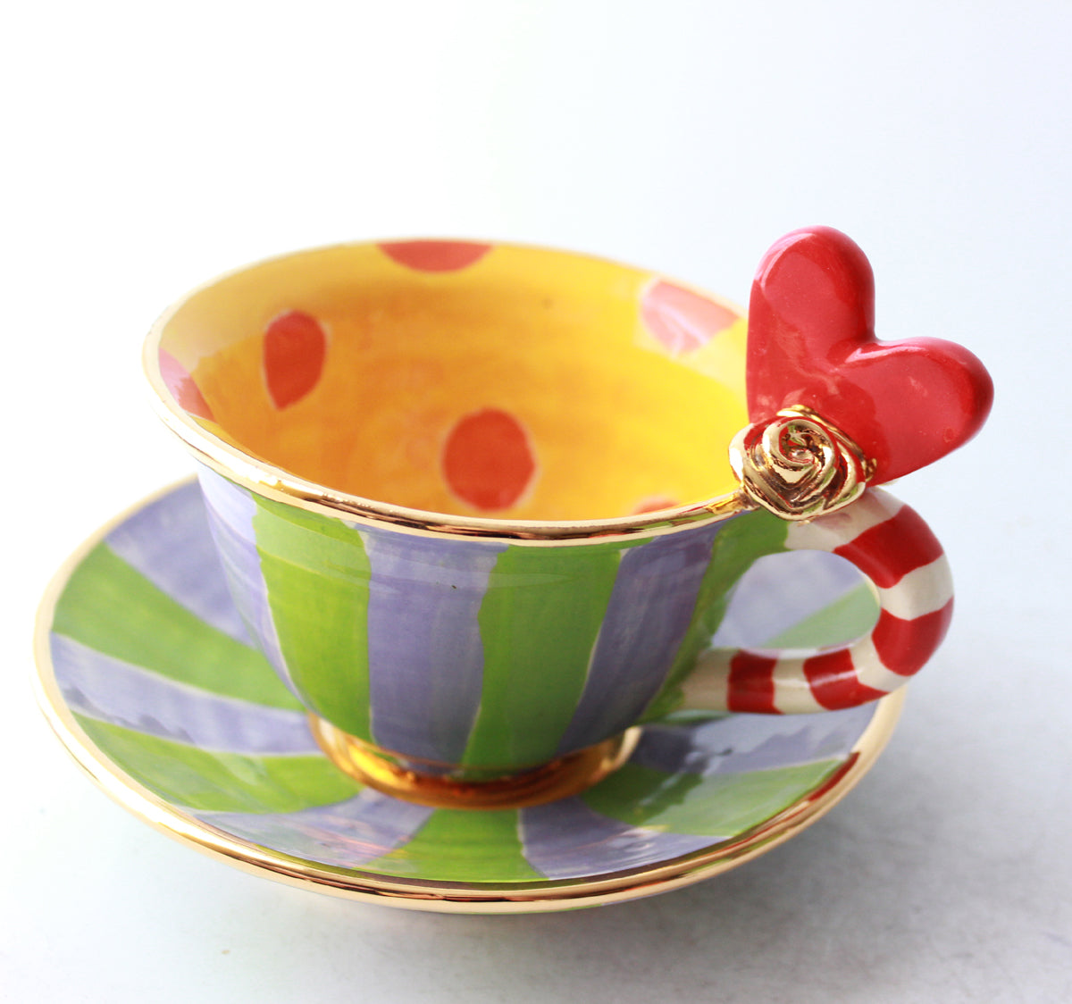 Heart Handled Cup and Saucer in Purple and Green