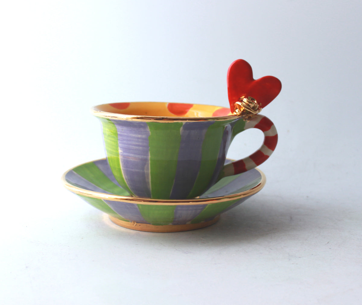 Heart Handled Cup and Saucer in Purple and Green