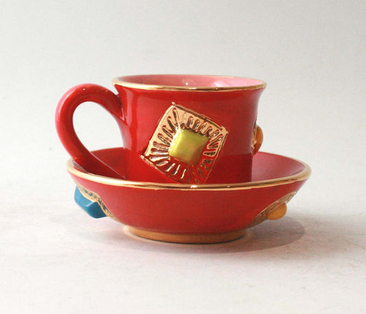 Jewelled Demi-Tasse and Saucer in Red