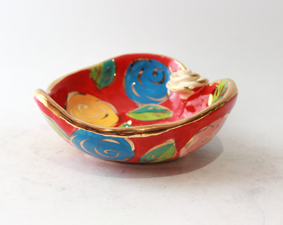 Heart Shaped Bowl in Pastel Block Rose on Red
