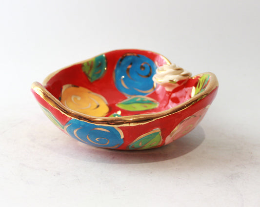 Heart Shaped Bowl in Pastel Block Rose on Red