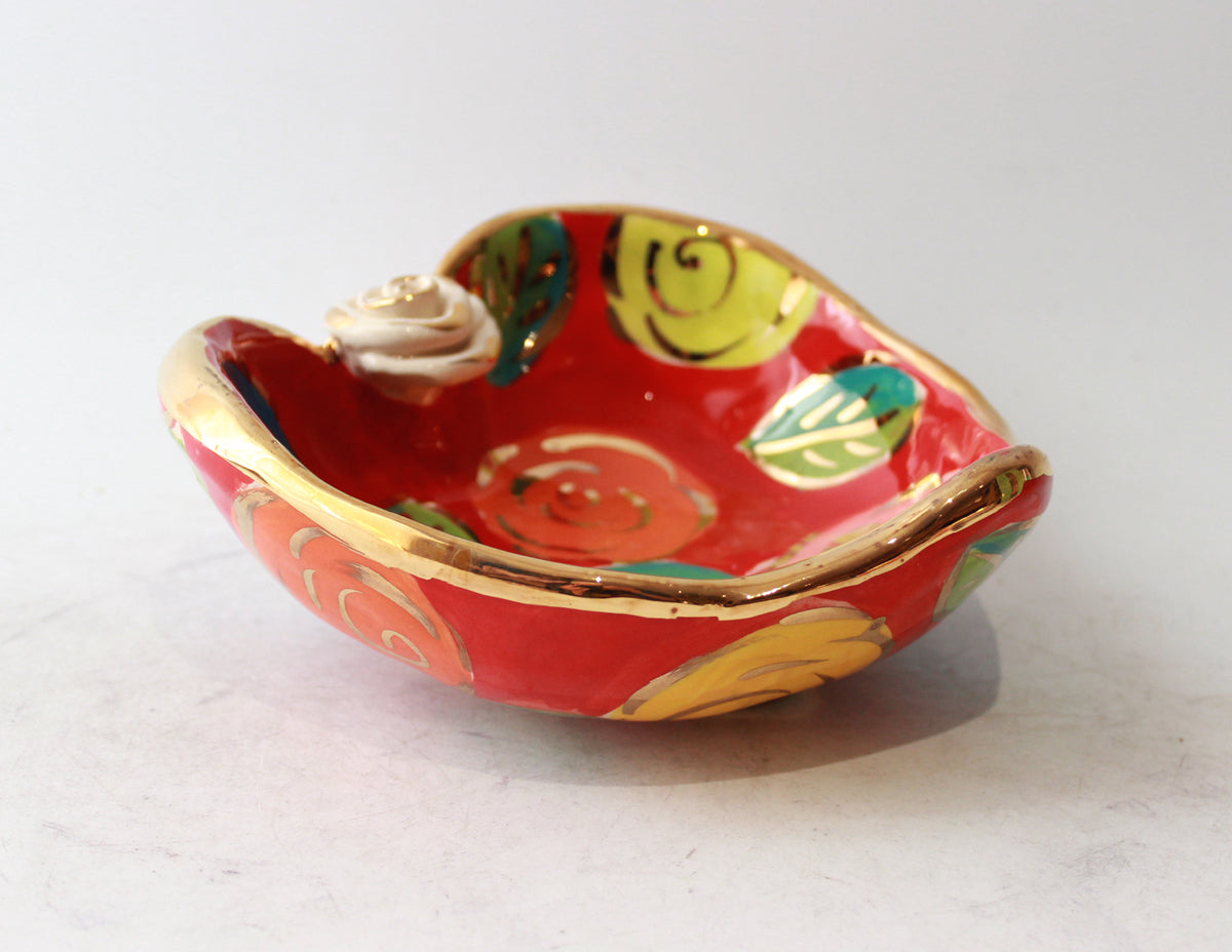 Heart Shaped Bowl in Pastel Block Rose on Red