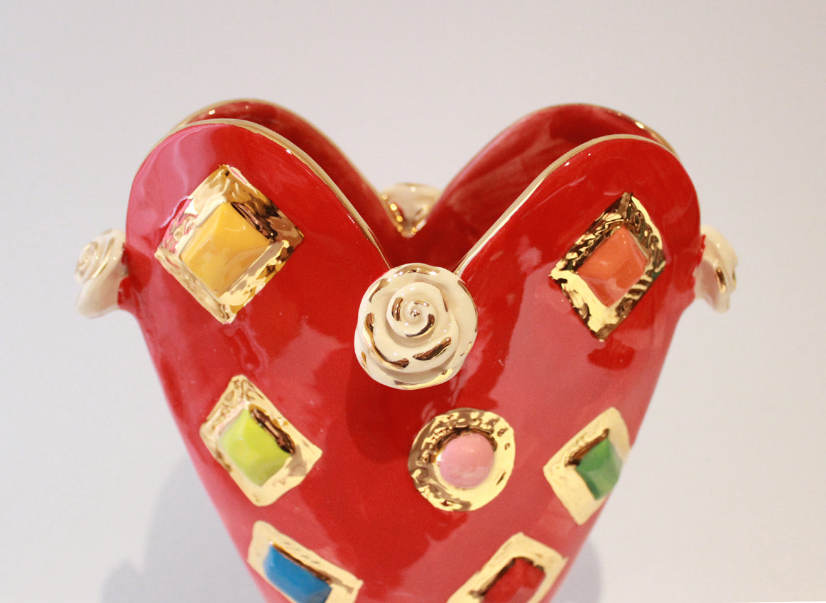 Medium Jewelled Heart Vase in Red