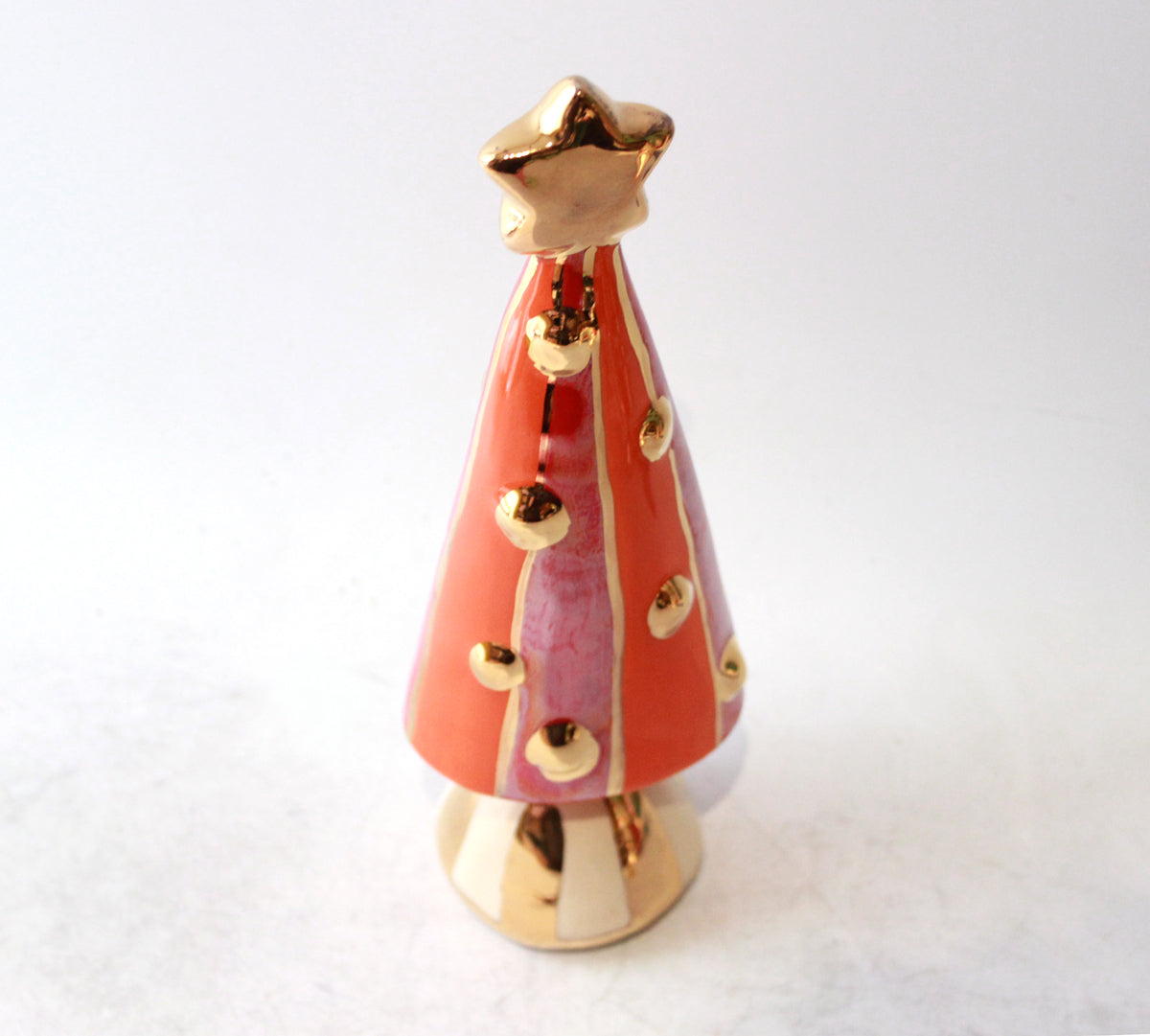 Small Christmas Tree in Orange and Red Stripe with Gold and White Striped Base