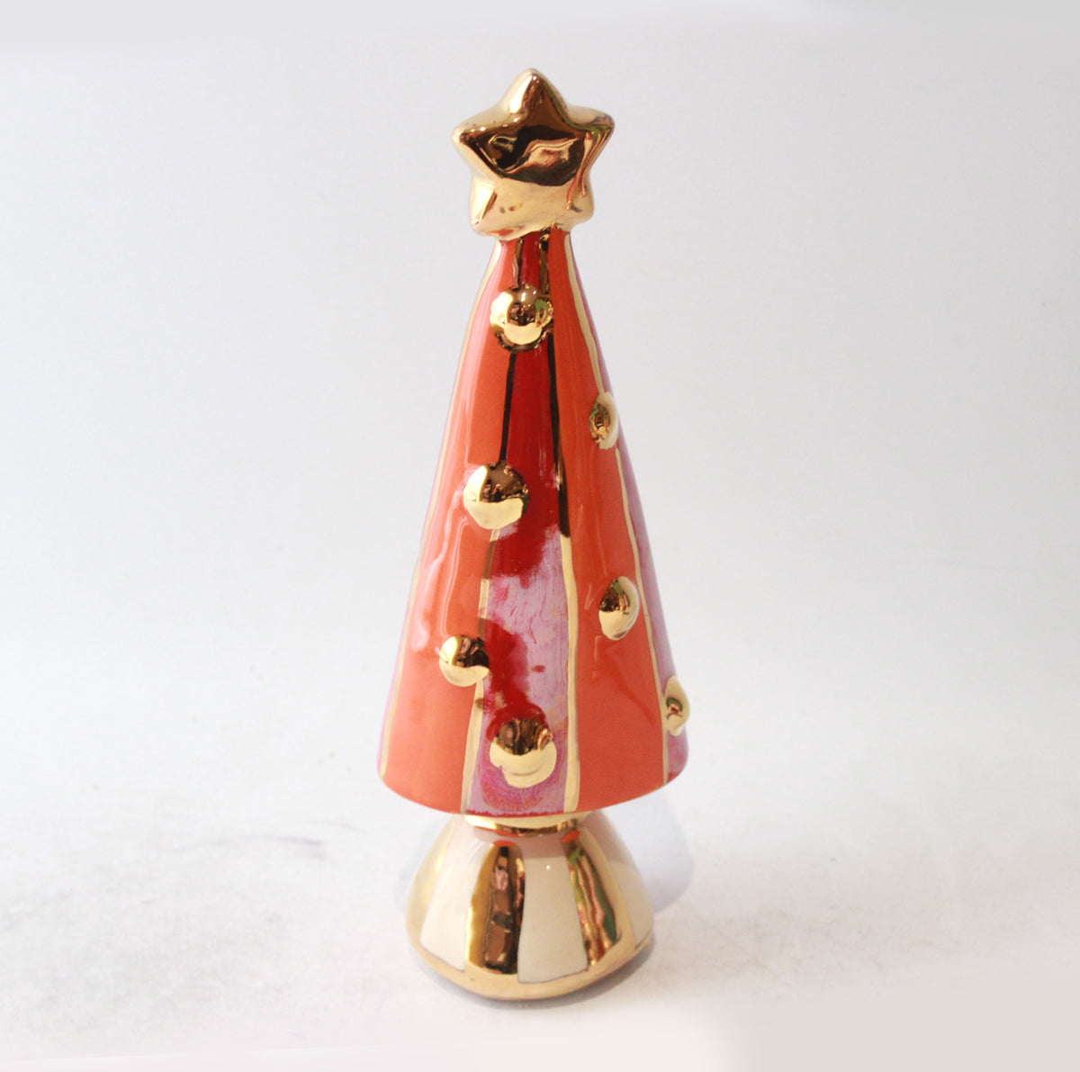 Small Christmas Tree in Orange and Red Stripe with Gold and White Striped Base
