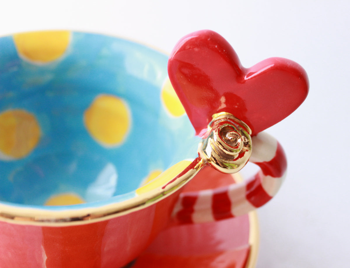 Heart Handled Cup and Saucer in Pink and Red Stripes