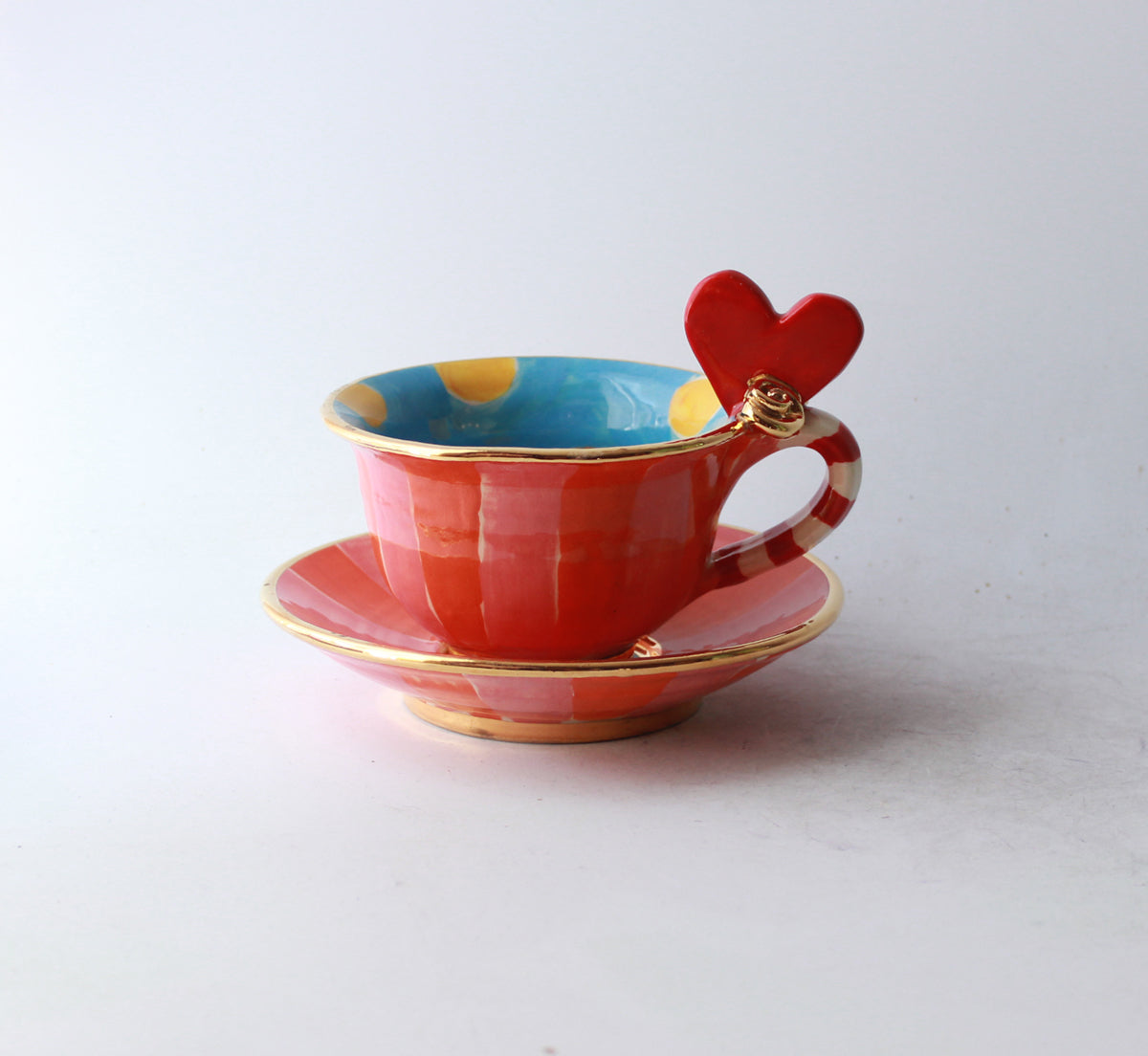 Heart Handled Cup and Saucer in Pink and Red Stripes