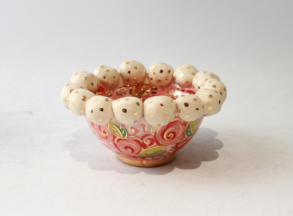 Tiny Beaded Bowl in Pink Rosebush