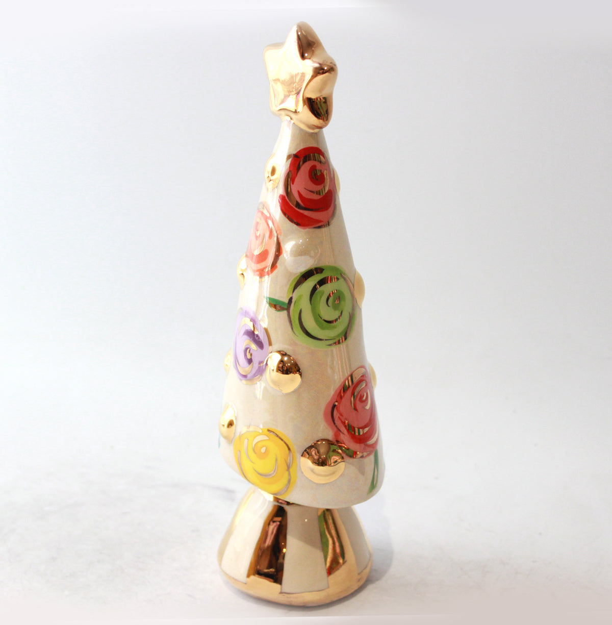 Small Christmas Tree in Rosebud with a Gold and White Striped Base