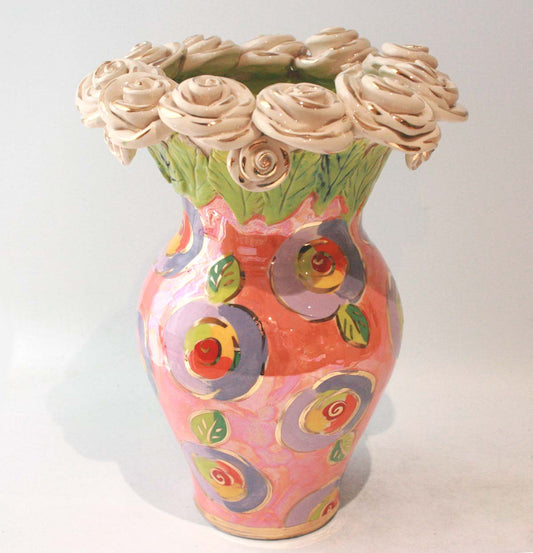 Large Rose Encrusted Vase in Gold New Rose Peach