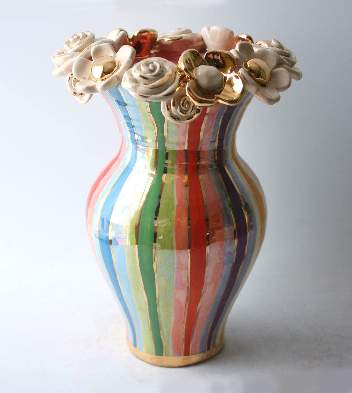 Large Multiflower Encrusted Vase in Lustred Stripe