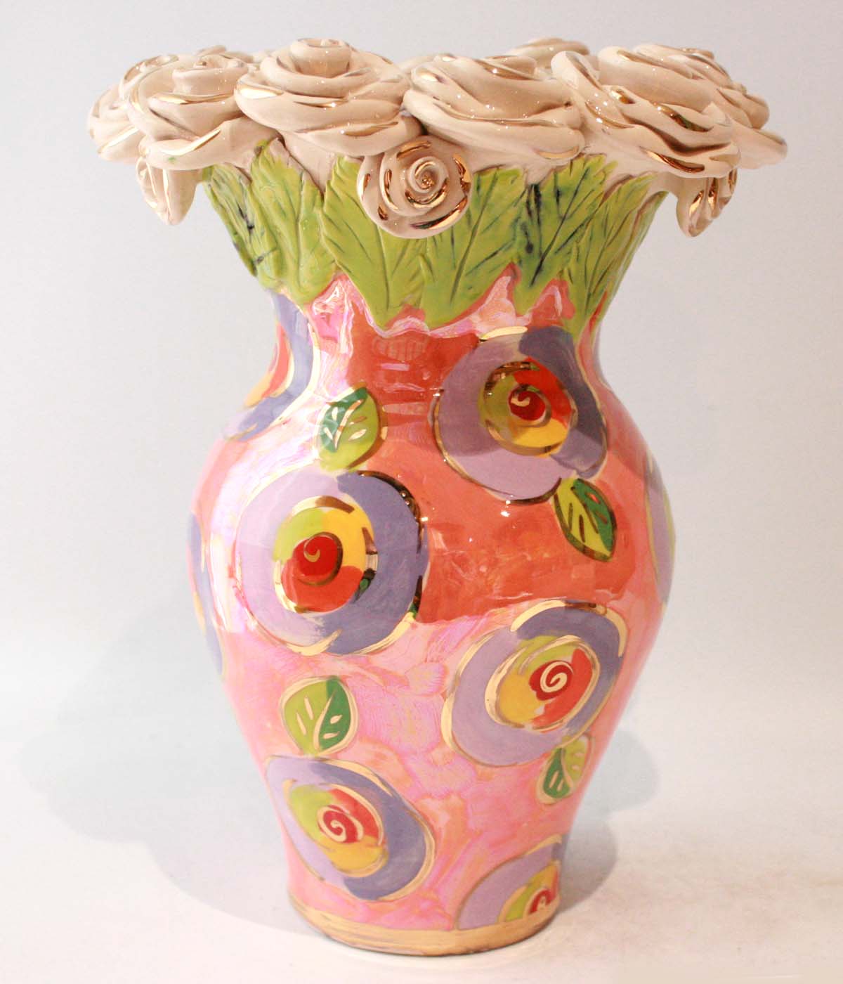 Large Rose Encrusted Vase in Gold New Rose Peach