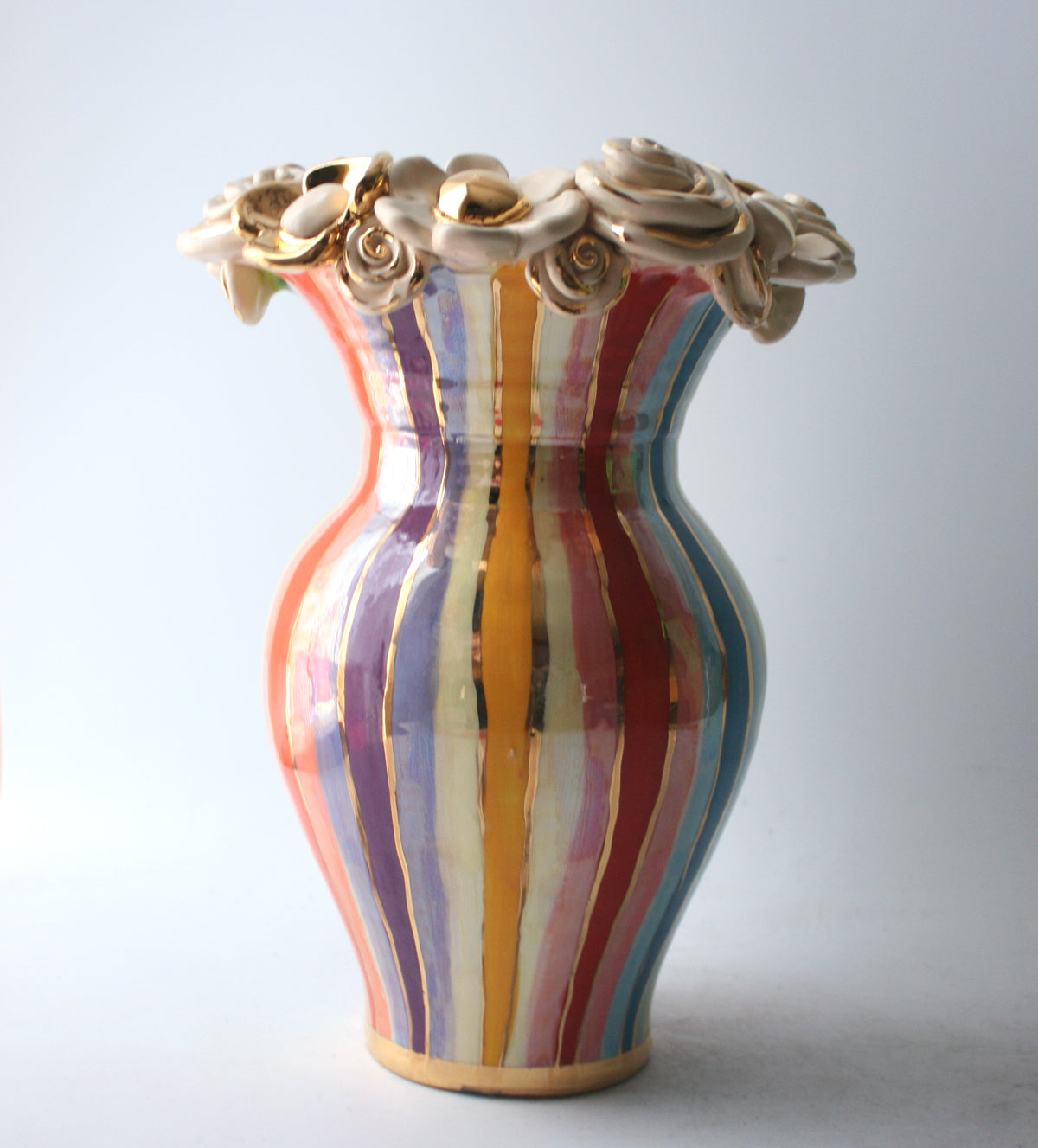 Large Multiflower Encrusted Vase in Lustred Stripe