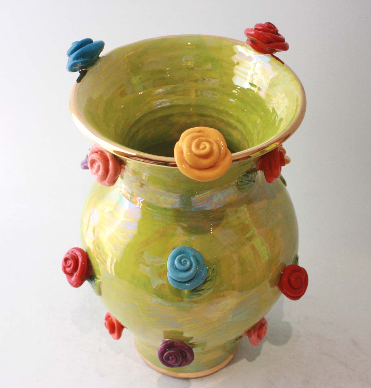 Large Rose Studded Vase in Iridescent Green