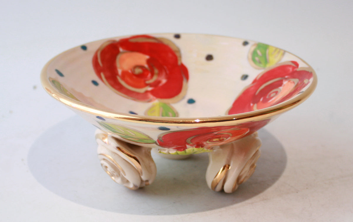 Rose Footed Dish in Gold New Rose on Polka