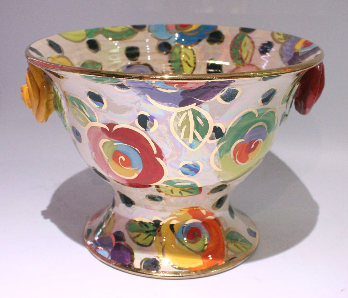 Salad Bowl on Plinth in Gold New Rose on Polka