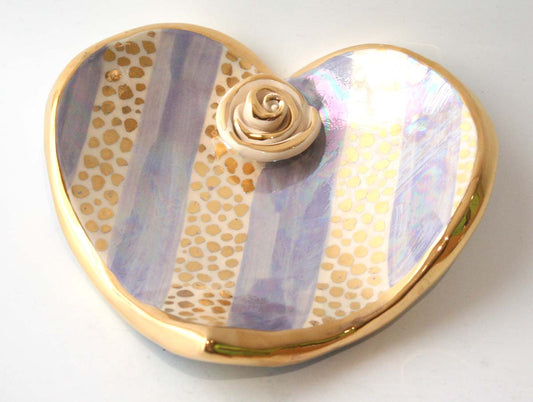 Heart Shaped Soap Dish in Gold Confetti and Lilac Stripe - MaryRoseYoung