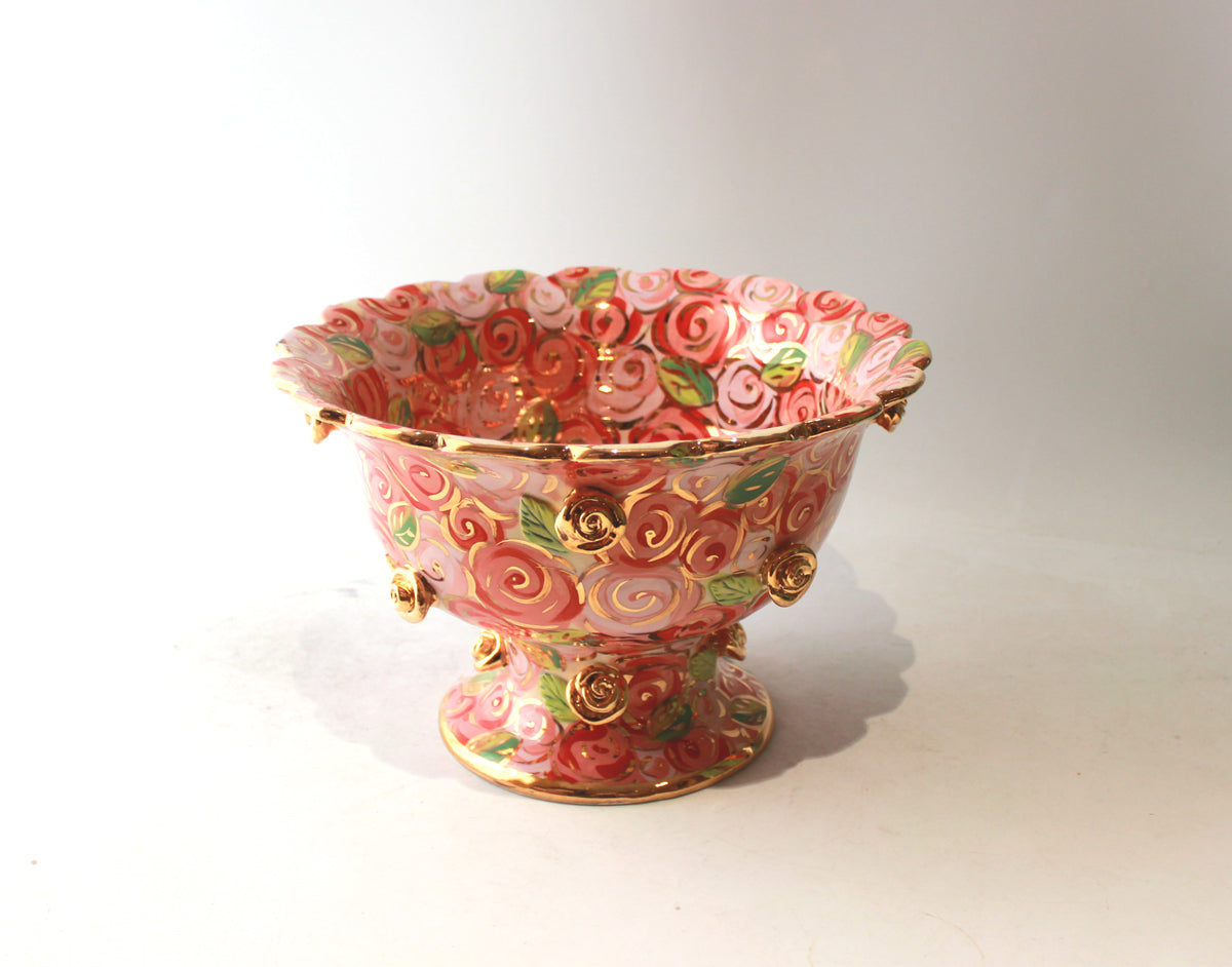 Rose Studded Fluted Punch Bowl in Pink Rosebush