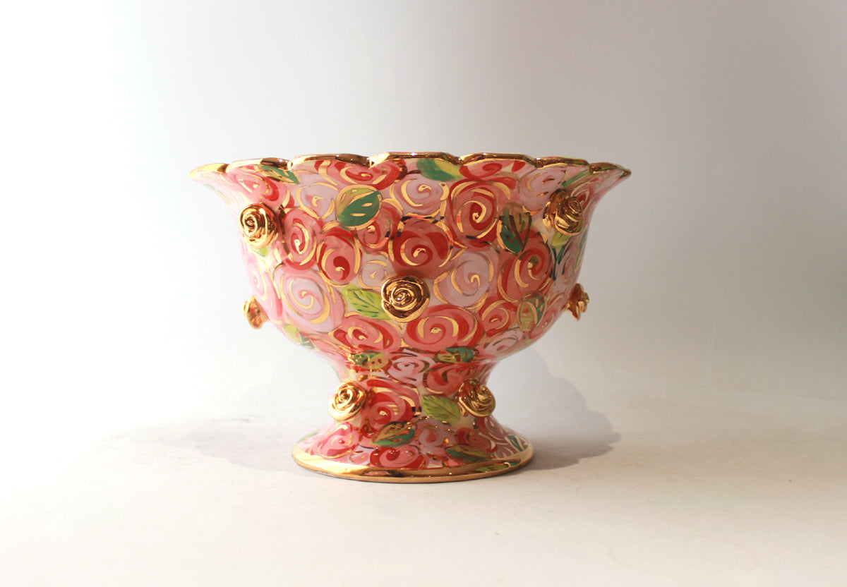 Rose Studded Fluted Punch Bowl in Pink Rosebush