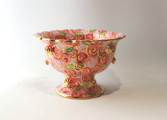 Rose Studded Fluted Punch Bowl in Pink Rosebush