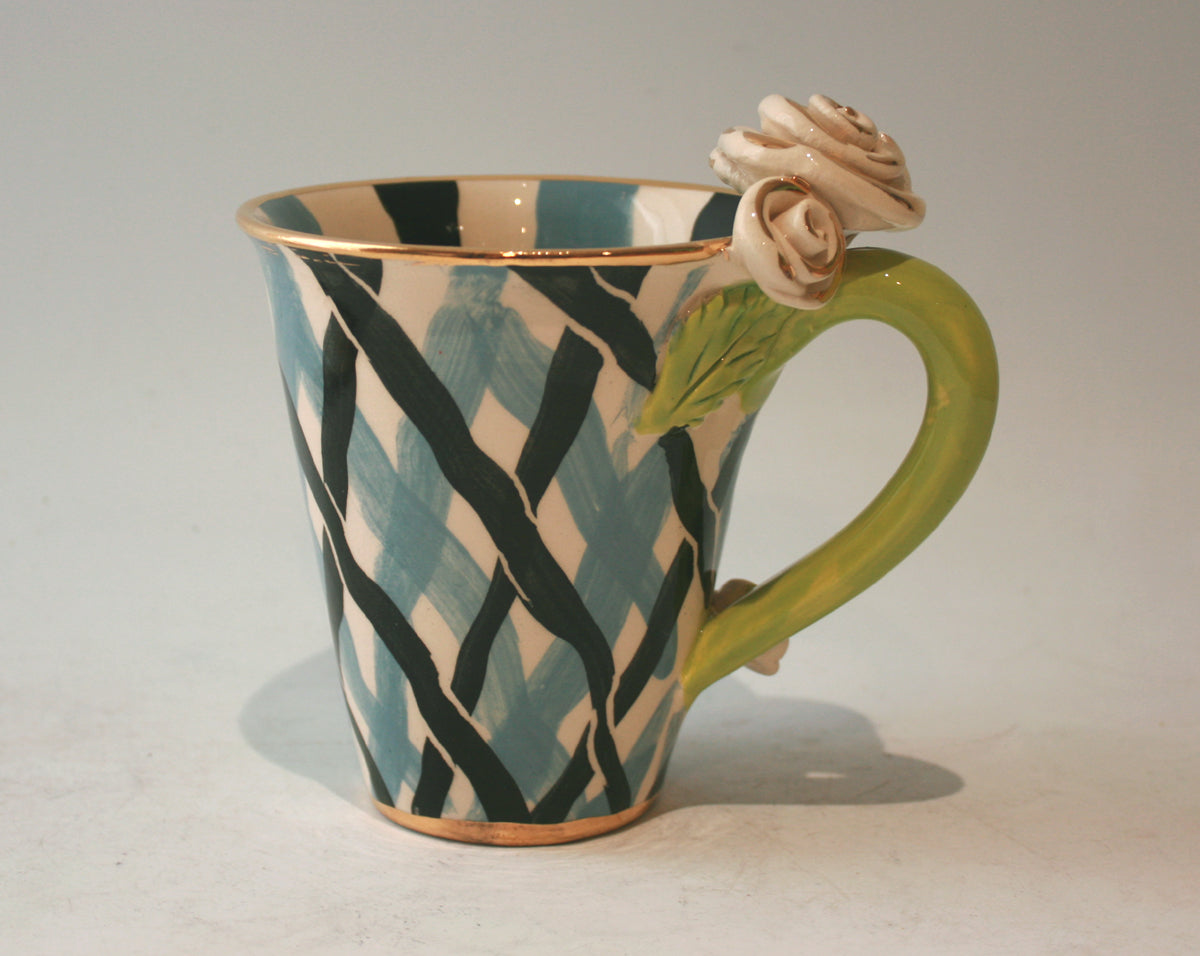 Rose Handled New Shape Large Mug in Blue and White Tartan