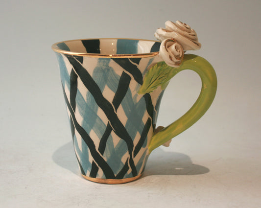 Rose Handled New Shape Large Mug in Blue and White Tartan