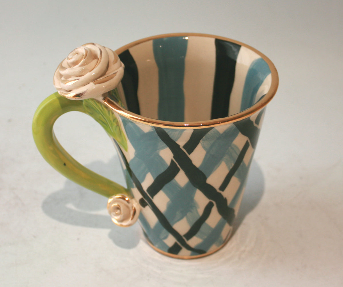 Rose Handled New Shape Large Mug in Blue and White Tartan