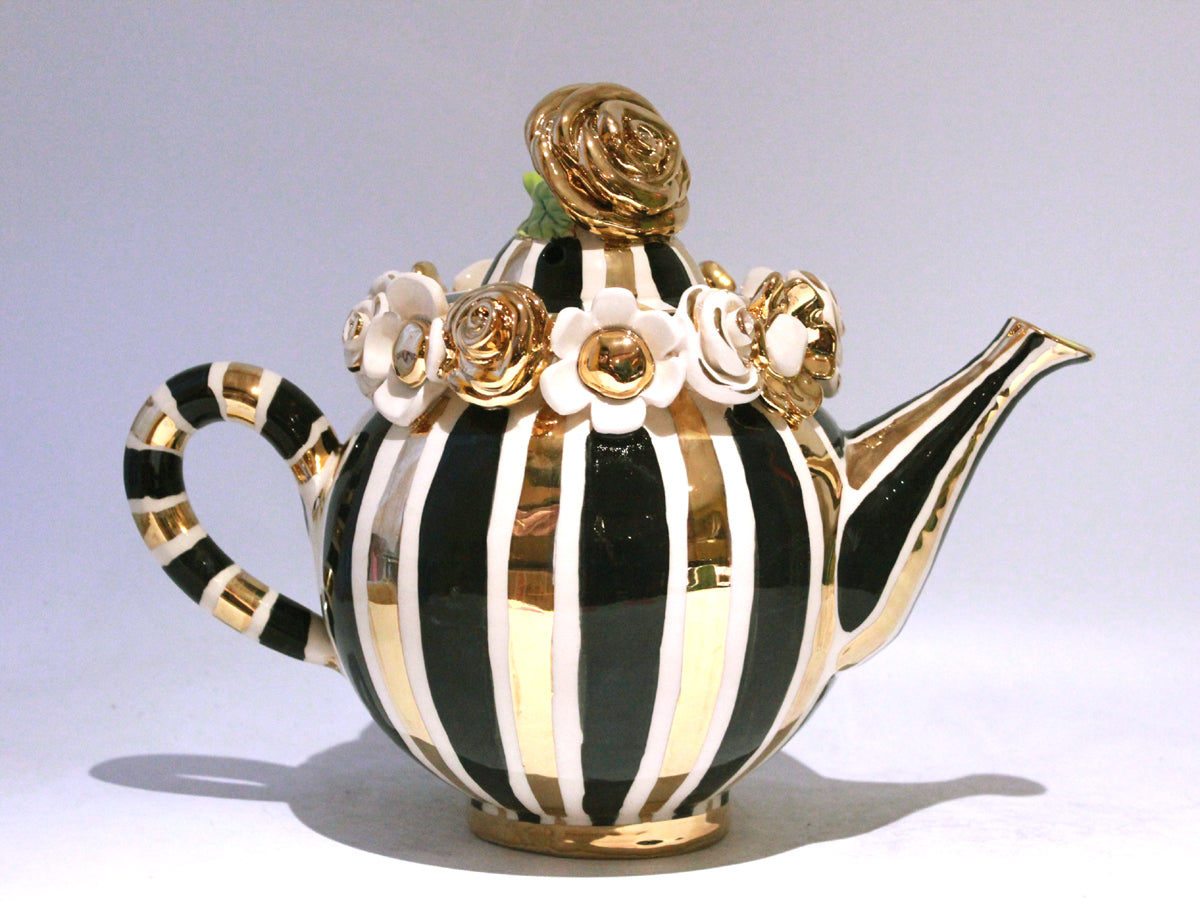 Multiflower Encrusted Teapot in Black and Gold and White Stripes