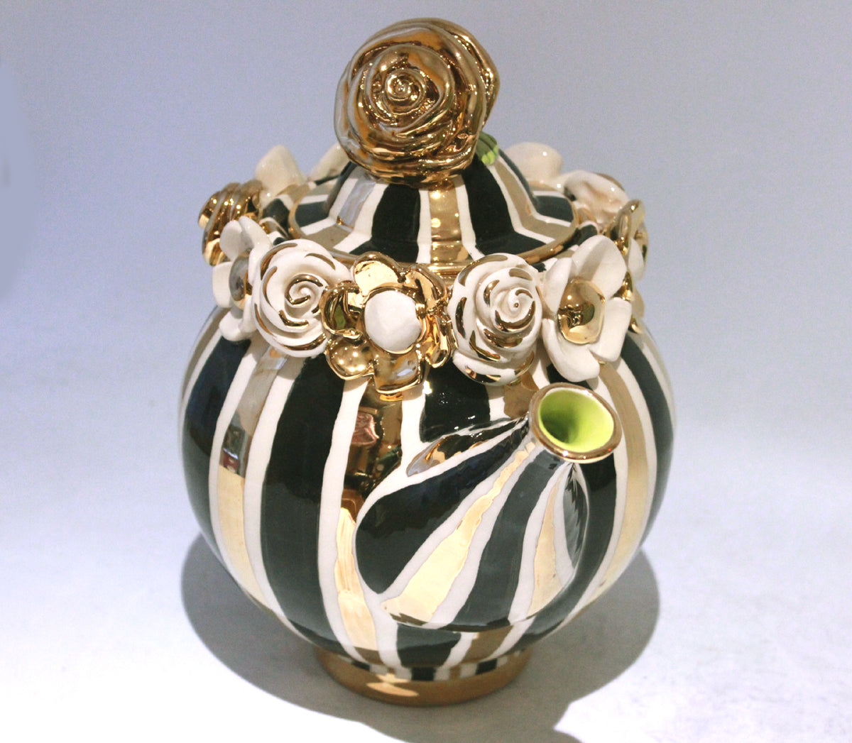 Multiflower Encrusted Teapot in Black and Gold and White Stripes