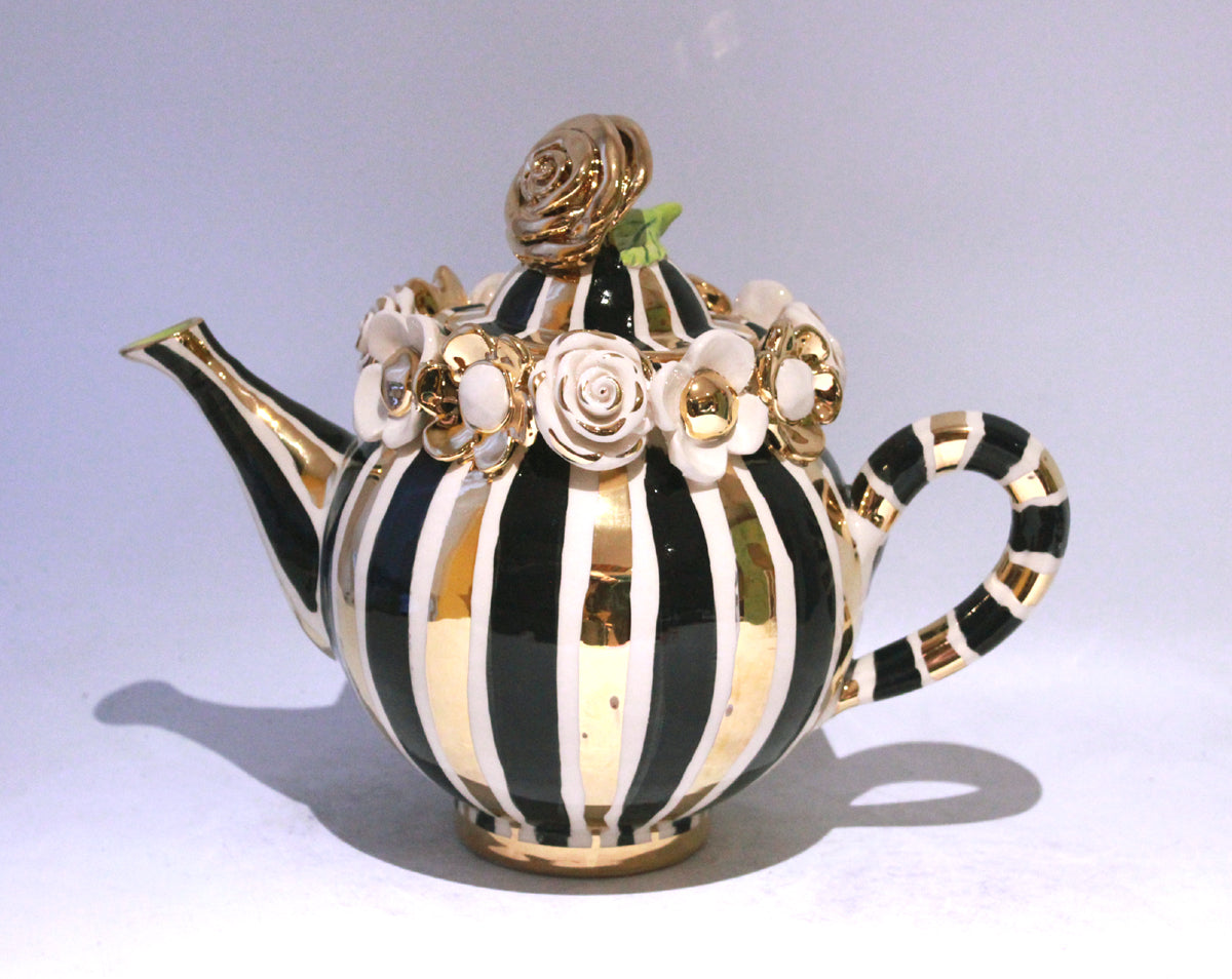 Multiflower Encrusted Teapot in Black and Gold and White Stripes