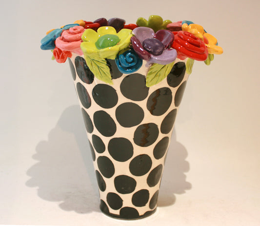 Large Multiflower Encrusted Flared Vase in Big Black Dot