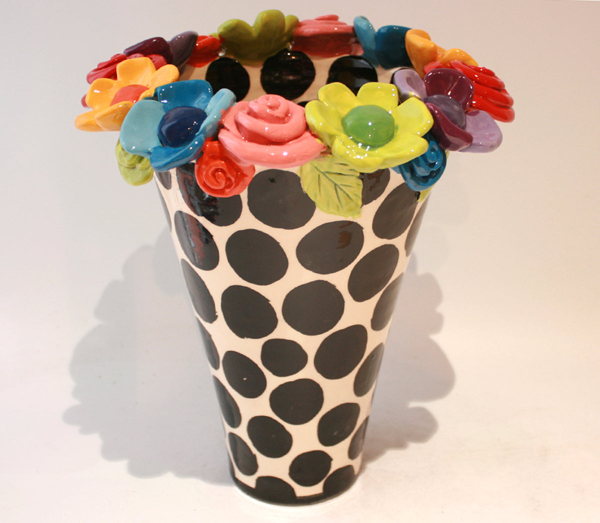 Large Multiflower Encrusted Flared Vase in Big Black Dot