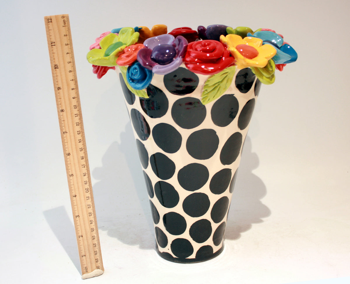 Large Multiflower Encrusted Flared Vase in Big Black Dot