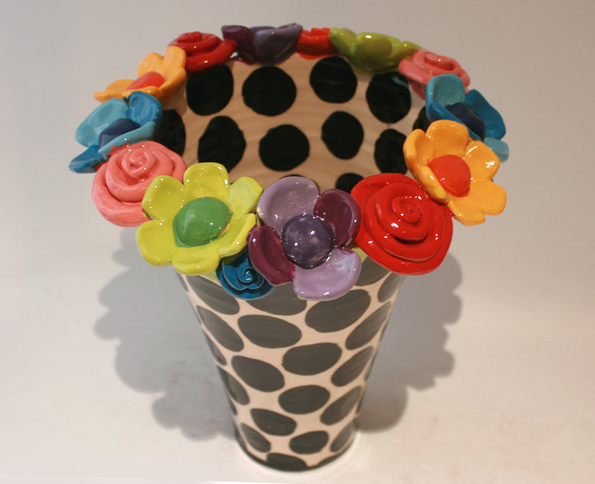 Large Multiflower Encrusted Flared Vase in Big Black Dot