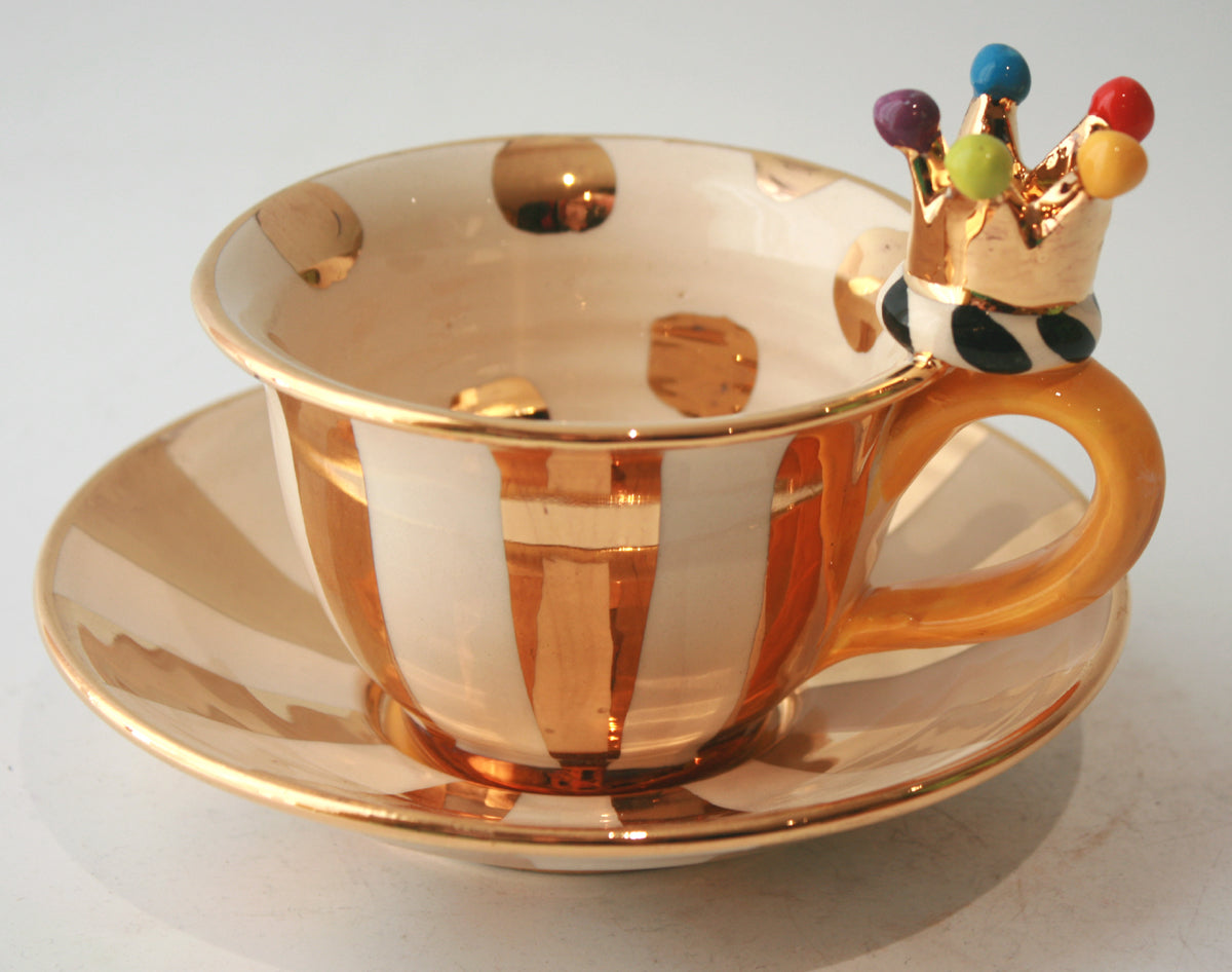 Crown Handled Cup and Saucer in Gold Stripe