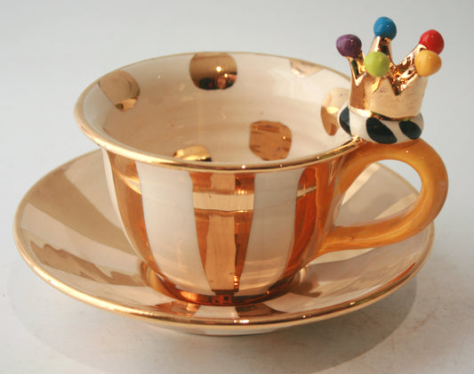 Crown Handled Cup and Saucer in Gold Stripe