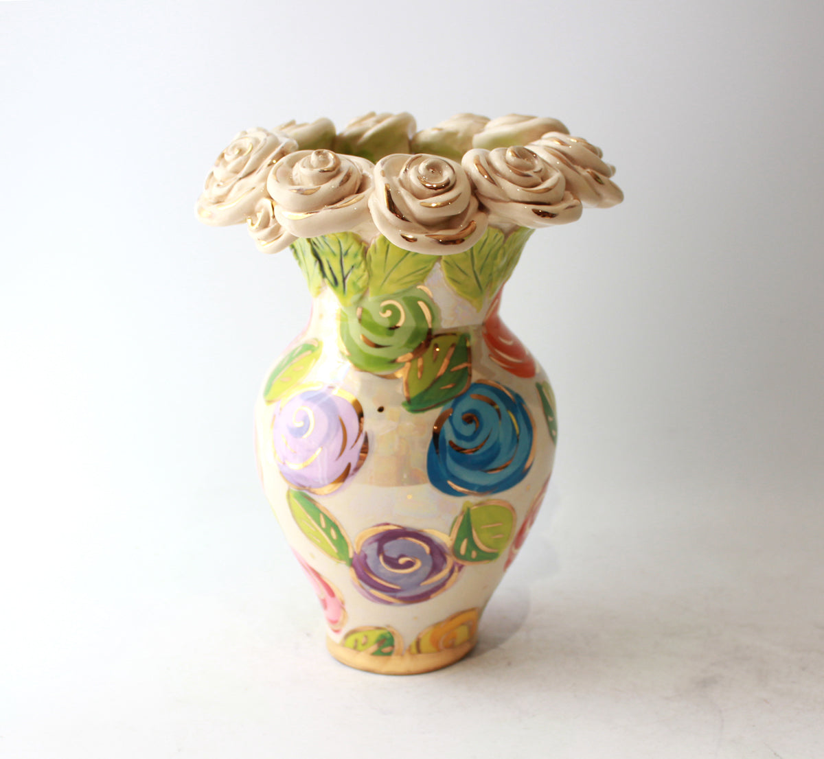 Medium Rose Encrusted Vase in Pastel Block Rose