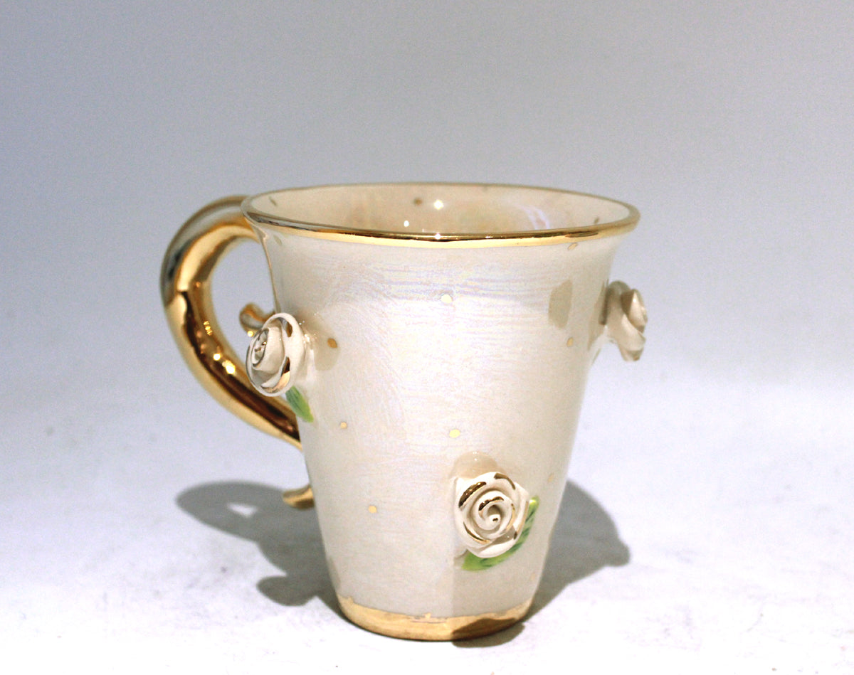 New Shape Large Rose Studded Mug in Iridescent White with Gold Dots and Lady Gaga Handle