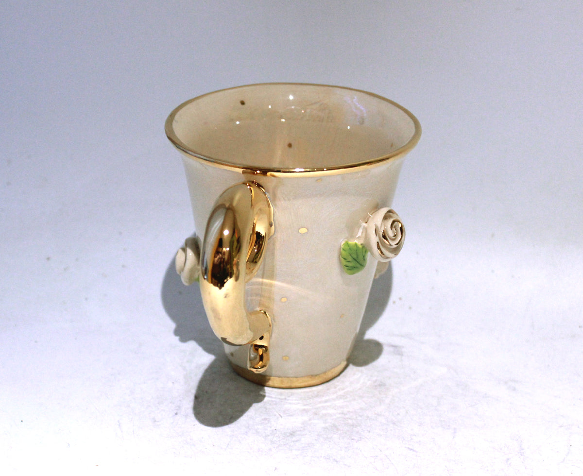 New Shape Large Rose Studded Mug in Iridescent White with Gold Dots and Lady Gaga Handle