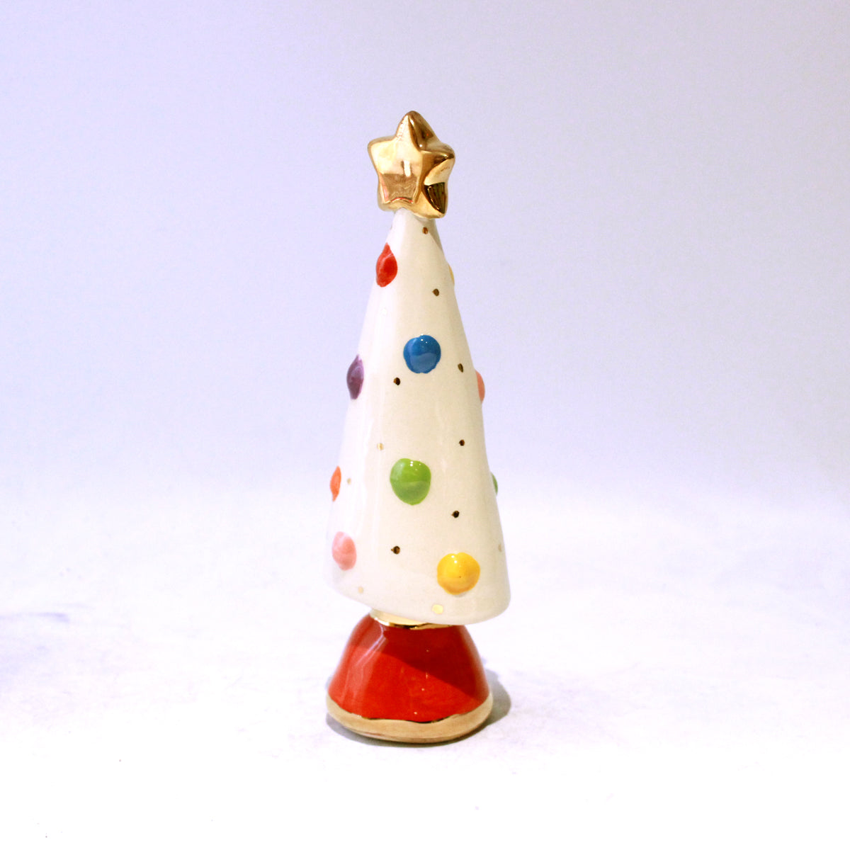 Small Christmas Tree in White with Coloured Ornaments and a Red Base