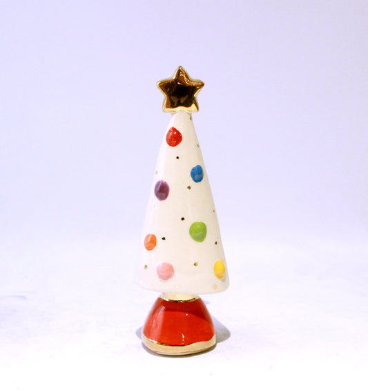 Small Christmas Tree in White with Coloured Ornaments and a Red Base