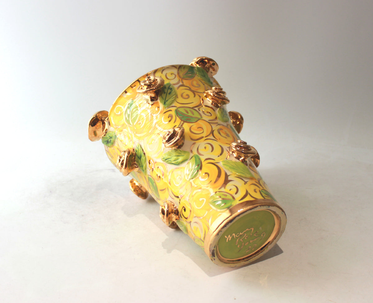 Large Flared Rose Studded Vase in Yellow Rosebush
