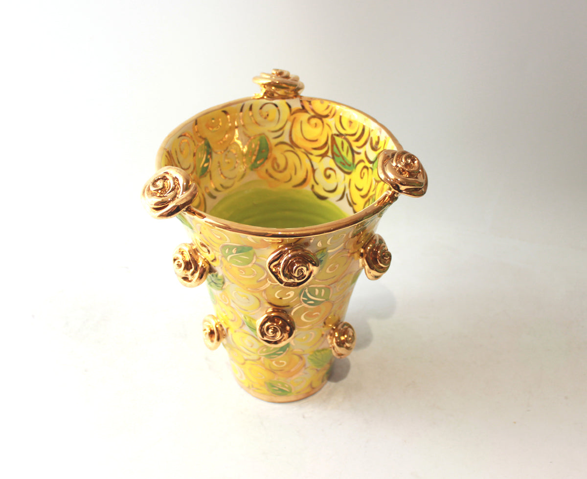 Large Flared Rose Studded Vase in Yellow Rosebush