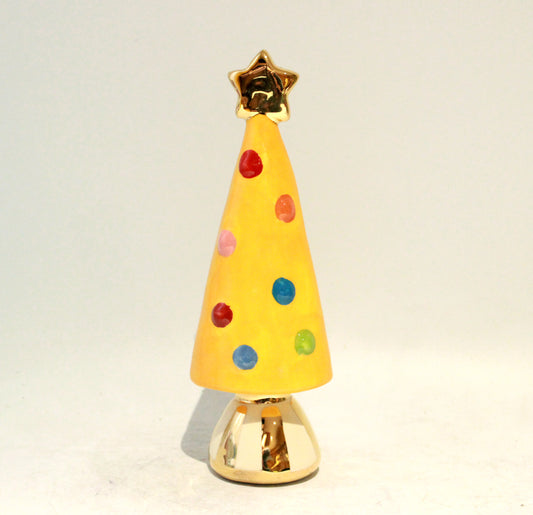 Small Christmas Tree in Yellow with a Gold and White Striped Base