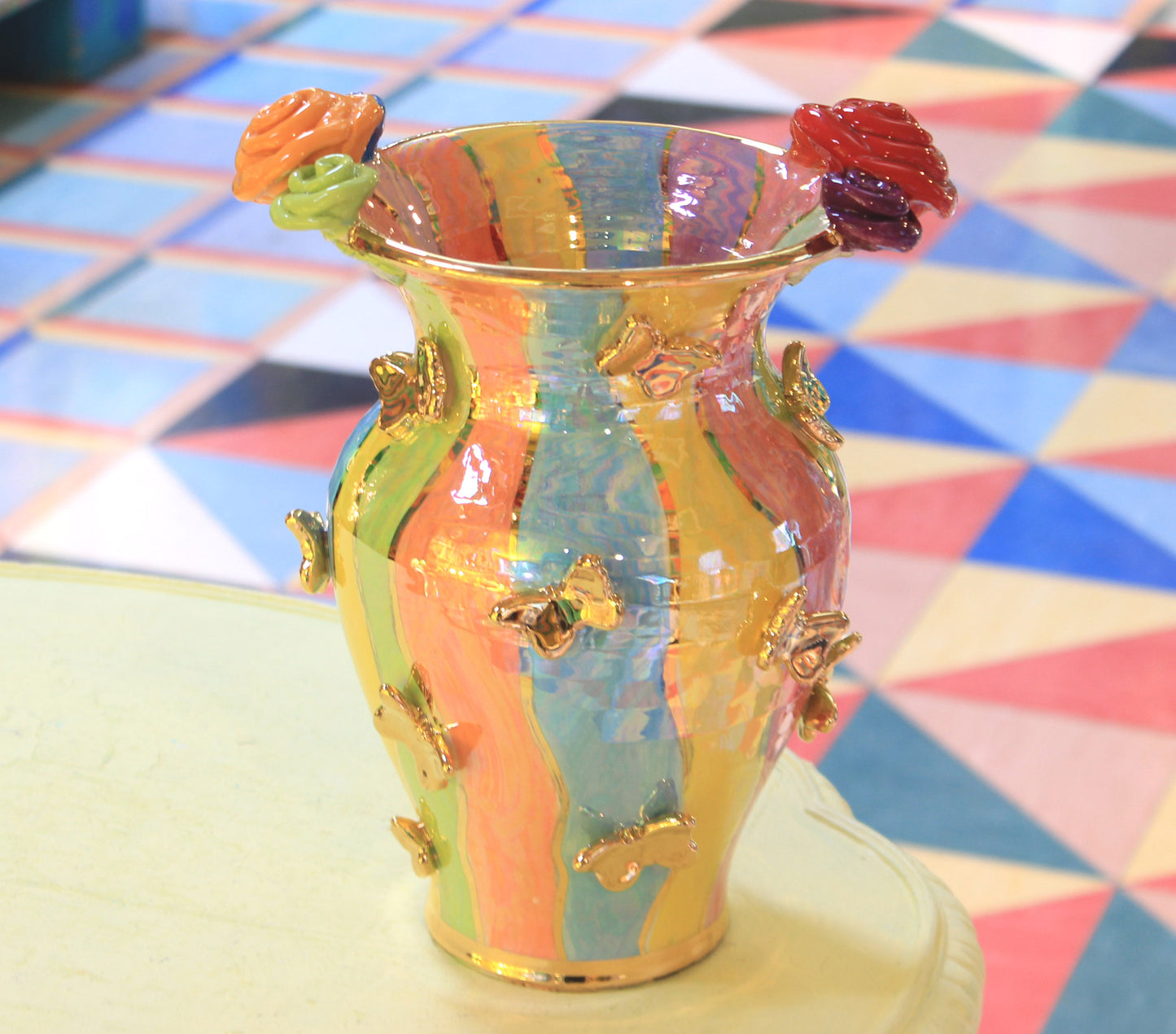 Large Fat Vase with Butterflies Wavy Pale Stripes - MaryRoseYoung