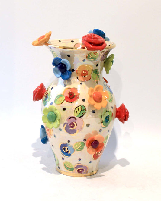 Large Multiflower Studded Vase Rosebuds on Polka