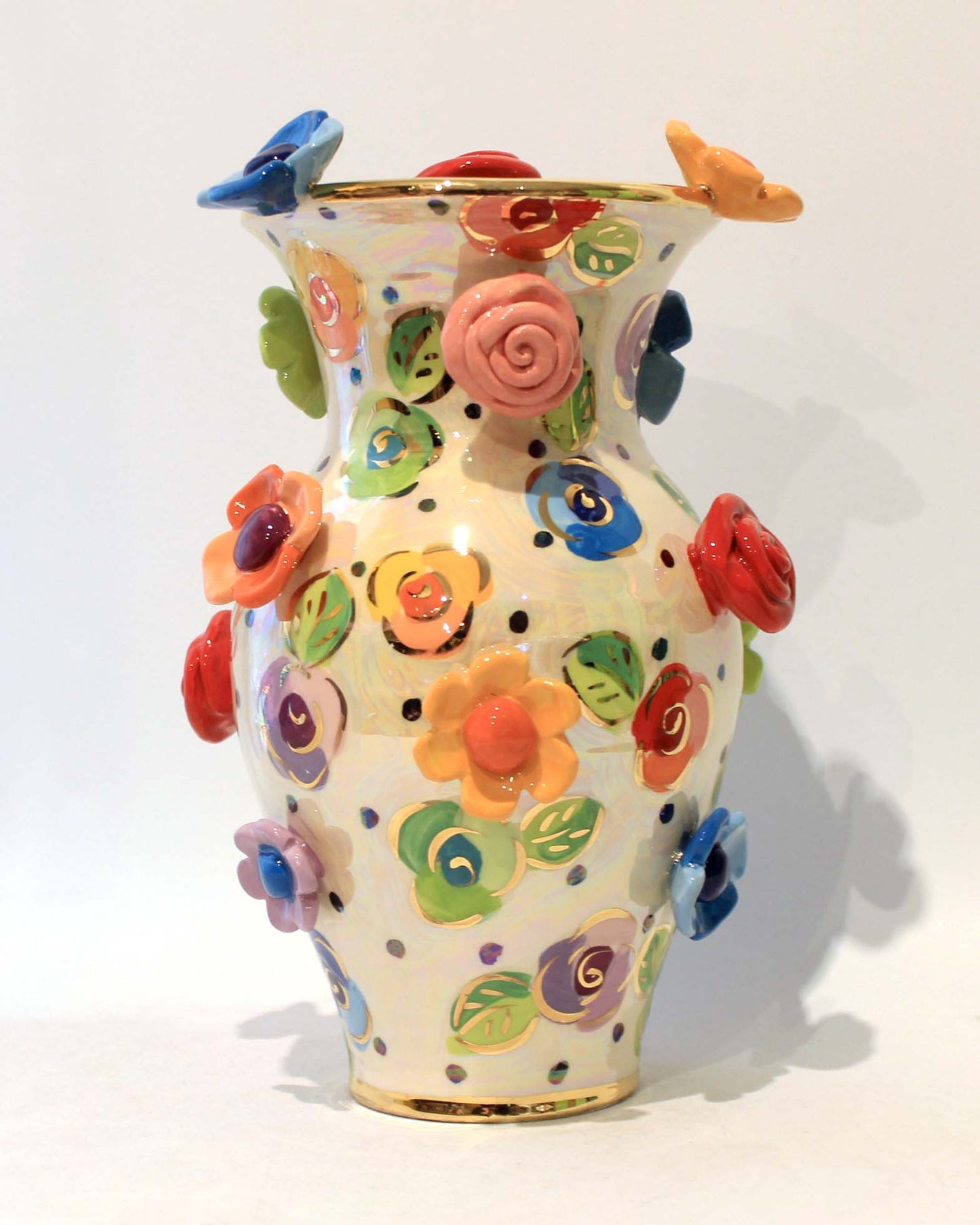 Large Multiflower Studded Vase Rosebuds on Polka