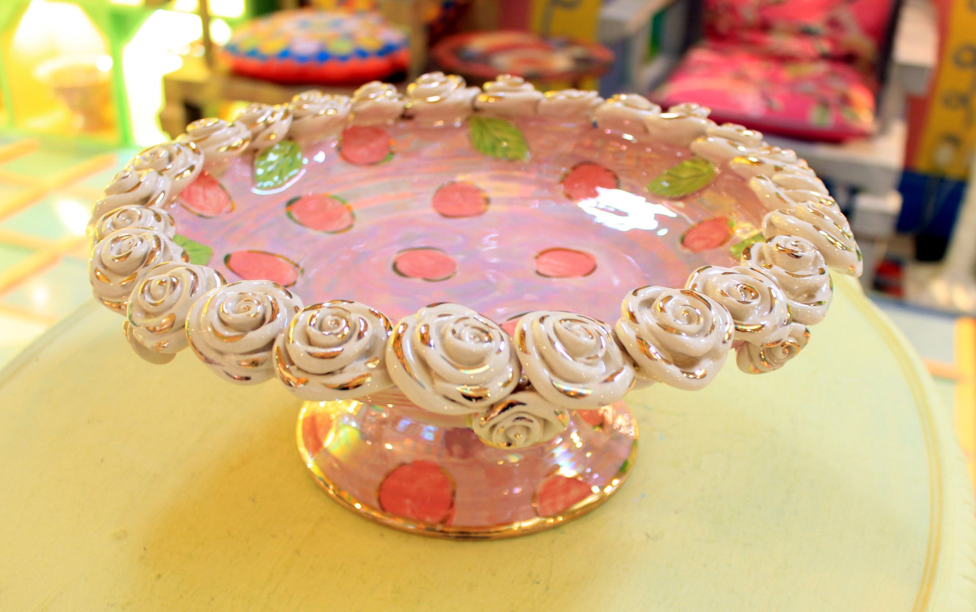 Rose Encrusted Cakestand in Two Tone Pink Dots - MaryRoseYoung